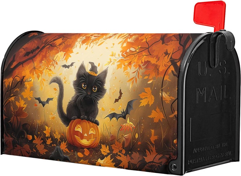 Granbey Halloween Cat Magnetic Mailbox Covers Spooky Kitten Pumpkin Waterproof Letter Box Cover Standard Size Fall Maple Leaf Forest Bat Decorative Holiday Post Wraps for Home Garden Yard Outdoor 21x18 Inch - Image 4